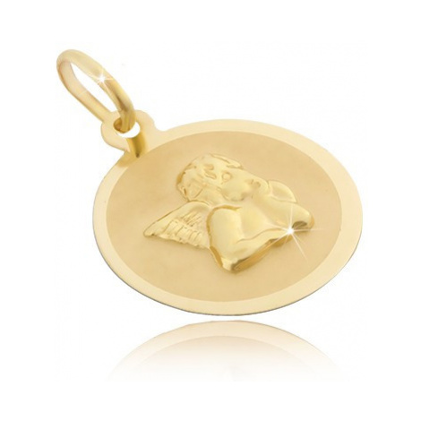 Zlatý 14 karátový okrúhly prívesok - matný povrch s 3D anjelom