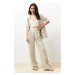 Trendyol Beige Ribbed Wide Leg Cotton Linen Woven Trousers