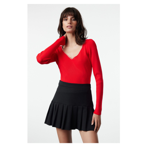 Trendyol Red Pearl Detailed V-Neck Knitwear Sweater