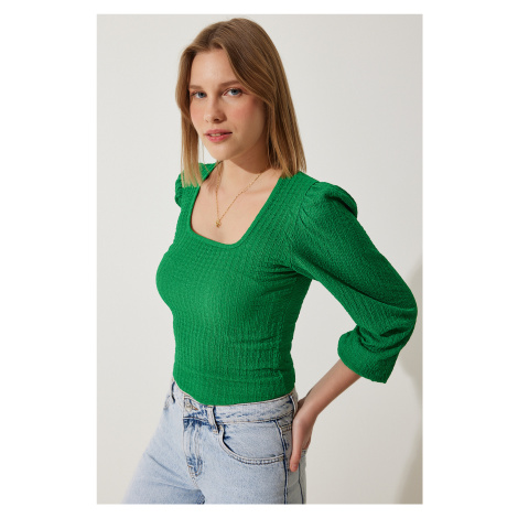 Happiness İstanbul Women's Dark Green Square Neck Textured Knitted Blouse