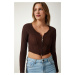 Happiness İstanbul Women's Brown Zipper Ribbed Crop Blouse