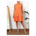 armonika Women's Orange Daisy Pattern Sleeveless Frilly Skirt Dress