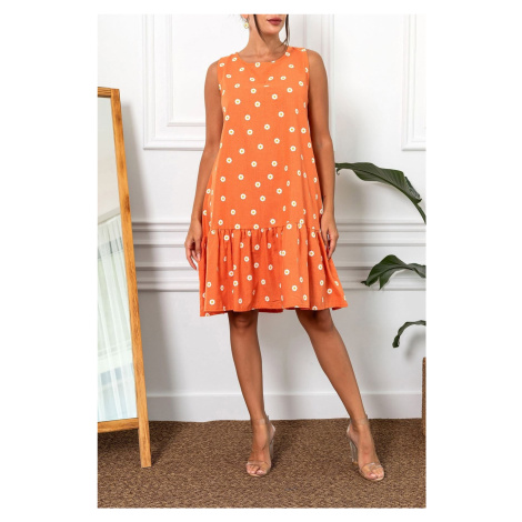 armonika Women's Orange Daisy Pattern Sleeveless Frilly Skirt Dress