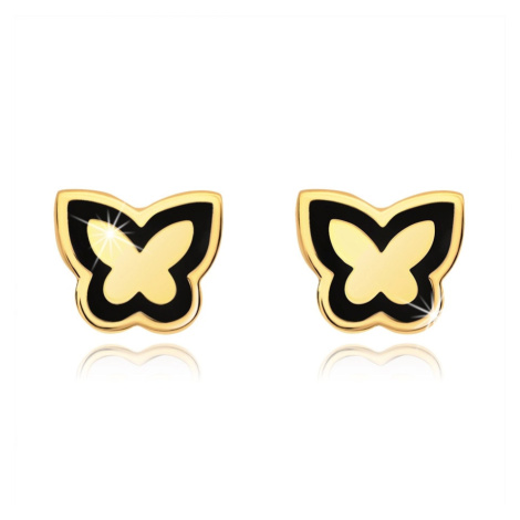 Náušnice zo zlata 585 - lesklý plochý motýlik, obrys z čiernej glazúry