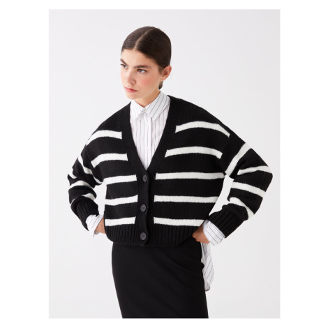 LC Waikiki Women's V-Neck Striped Long Sleeve Oversize Knitwear Cardigan