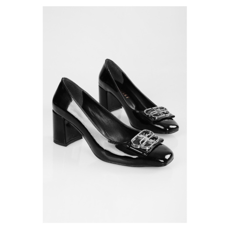 Shoeberry Women's Letizia Black Patent Leather Buckled Heel Shoes