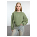 Trendyol Khaki Crew Neck Regular Fit Embroidered Thick Inside Fleece Knitted Sweatshirt