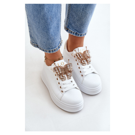 FB3 Dámske Tenisky Na Platforme S Motýľom Bielo-Zlaté Naritevia