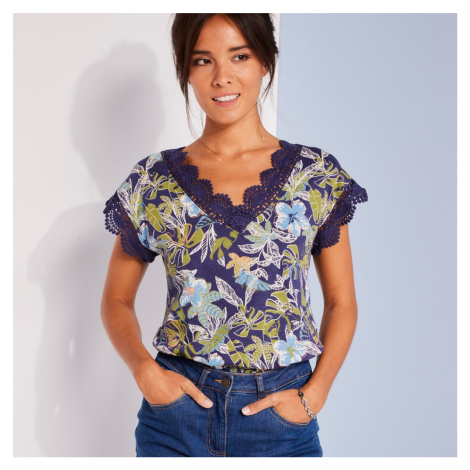 Tričko s krátkymi rukávmi, čipkou a potlačou Blancheporte