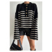 Madmext Black Crew Neck Front Gold Button Striped Women's Knitwear Sweater