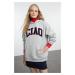 Trendyol Gray Melange Thick Inside Fleece Slogan Hooded Oversize/Wide Cut Knitted Sweatshirt