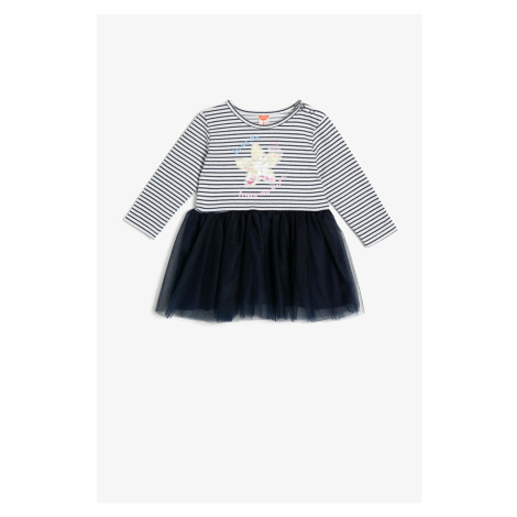 Koton Baby Girl Ecru & Black Striped Tulle Detailed Dress