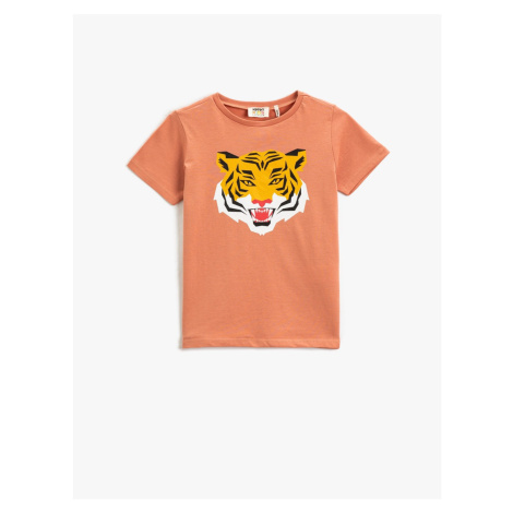 Koton Tiger Print T-Shirt with Short Sleeves, Crew Neck Cotton