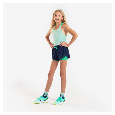 Dievčenské bežecké šortky so všitými legínami Dry 900 priedušné modro-zelené