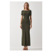 Happiness İstanbul Women's Khaki Low-cut Long Sandy Knitted Dress