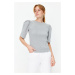 Trendyol Gray Melange Balloon Sleeve Crew Neck Ribbed Flexible Knitted Blouse