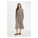 DEFACTO Open Collar Leopard Patterned Buttoned Long Sleeve Viscose Belted Maxi Dress