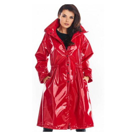 Dlhá dámska vinylová bunda červenej farby s vysokým golierom