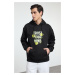 Trendyol Black Oversize/Wide Cut Smiley Printed License Unisex Hooded Sweatshirt