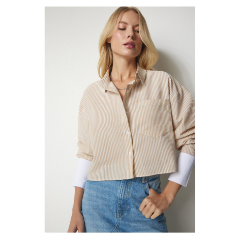 Happiness İstanbul Women's Beige Pinstripe Crop Shirt