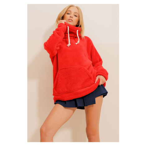 Trend Alaçatı Stili Women's Red High Neck Kangaroo Pocket Plush Sweatshirt