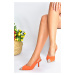 Fox Shoes Women's Orange Satin Fabric Heeled Shoes with Stone Detail