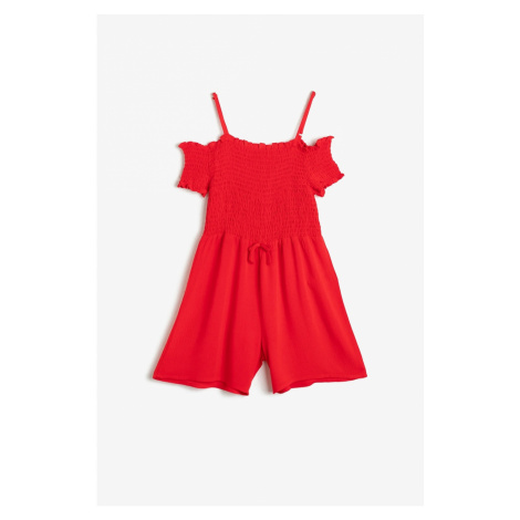 Koton Girl's Red Thin Flowy Textured Fabric Open Shoulder Strap Short Shorts Jumpsuit