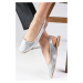 Mio Gusto Ally Silver Color Snakeskin Patterned Flat Toe Women's Flat Shoes