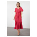 Trendyol Fuchsia Plain Maxi Double Breasted Skirt Ruffle Textured Short Sleeve Flexible Knitted 