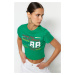 Trendyol Green 100% Cotton Slogan Printed Fitted Crop Knitted T-Shirt