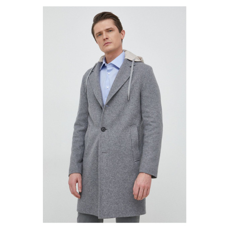 Kabát s prímesou vlny BOSS šedá farba, prechodný, oversize Hugo Boss