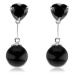 Strieborné 925 náušnice, zirkónové srdce a guľatá perla v čiernej farbe