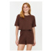 Trendyol Brown Corded Cotton Tshirt-Shorts Knitted Pajama Set