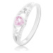 Strieborný 925 prsteň, ružové zirkónové srdce, rozdelené ramená s ornamentmi - Veľkosť: 65 mm
