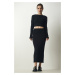 Happiness İstanbul Women's Black Ribbed Crop Knitwear Sweater Skirt Suit