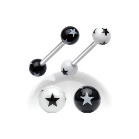 Oceľový piercing do jazyka, čierno-biele akrylové guličky s hviezdičkami - Farba piercing: Čiern