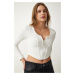 Happiness İstanbul Women's White Zipper Ribbed Crop Blouse