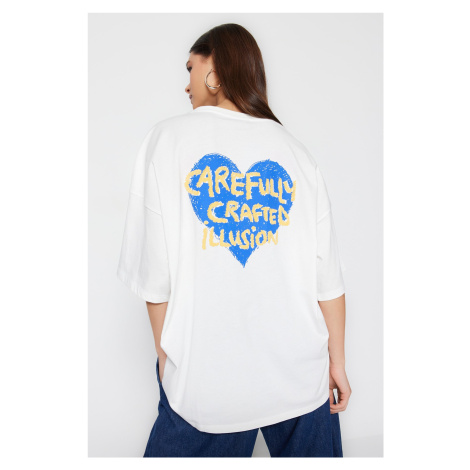 Trendyol White 100% Cotton Front and Back Embossed Printed Oversized/Wide Fit Knitted T-Shirt