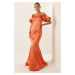 By Saygı Lined Long Satin Dress with Thread Straps Low Sleeves and Tie Back Orange