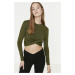 Trendyol Khaki Cross Detailed Crop Knitted Blouse