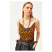 Olalook Women's Leopard Orange Turndown Collar Rope Strappy Blouse