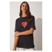Happiness İstanbul Women's Black Sparkling Heart Printed Oversized Knitted T-Shirt