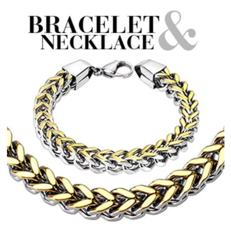 Sada - dvojfarebný oceľový náramok a náhrdelník, dva rady jednoduchých očiek