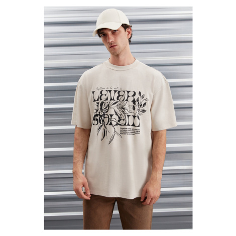 GRIMELANGE Trae Men's Regular Fit 100% Cotton Printed Beige T-shirt