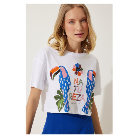 Happiness İstanbul Women's White Printed Crop Knitted T-Shirt