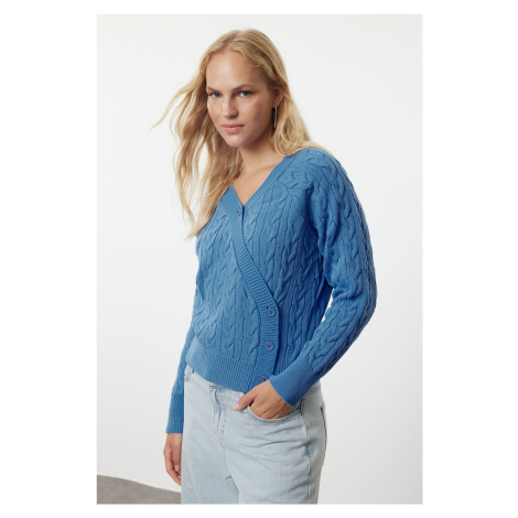 Trendyol Blue Asymmetric Button Detailed Knitwear Cardigan