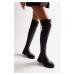 Shoeberry Women's Margot Black Thick Sole Long Stretch Elastic Boots Black Skin.