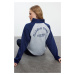 Trendyol Gray Melange Color Blocked Slogan Printed Oversize Pattern Raglan Sleeve Knitted Sweats