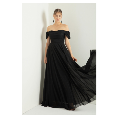 Lafaba Women's Black Boat Neck Draped Long Silvery Evening Dress