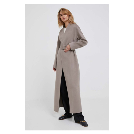 Vlnený kabát Calvin Klein béžová farba, prechodný, bez zapínania